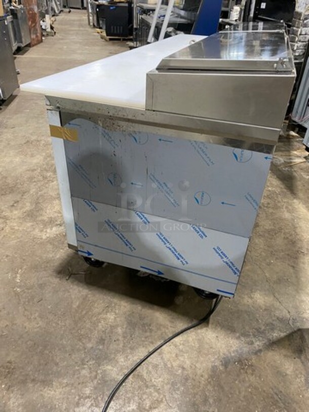 LATE MODEL! 2023 Asber Commercial Refrigerated Pizza Prep Table! With Commercial Cutting Board! With 3 Door Underneath Storage Space! All Stainless Steel! On Casters! Model: APTP93HC SN: 8102860761 115V 1 Phase! Working When Removed! - Image 2 of 10