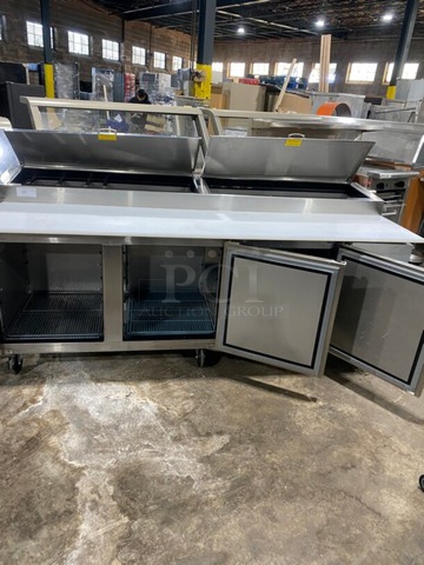 LATE MODEL! 2023 Asber Commercial Refrigerated Pizza Prep Table! With Commercial Cutting Board! With 3 Door Underneath Storage Space! All Stainless Steel! On Casters! Model: APTP93HC SN: 8102860761 115V 1 Phase! Working When Removed! - Image 5 of 10