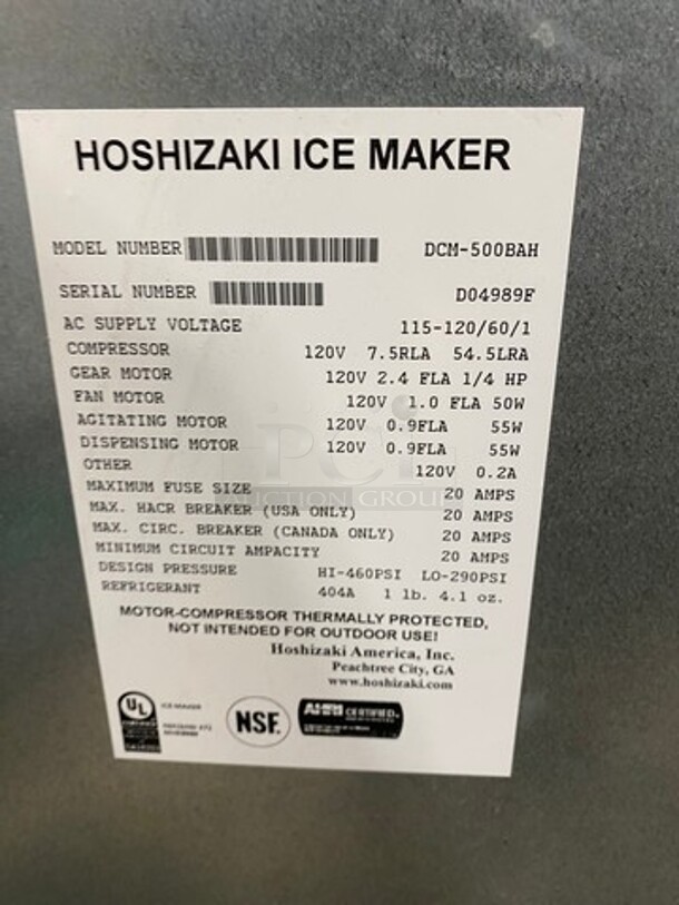 Hoshizaki Commercial Countertop Ice Maker/Dispenser And Water Dispenser! All Stainless Steel! Model: DCM500BAH SN: D04989F 115/120V 60HZ 1 Phase - Image 5 of 8