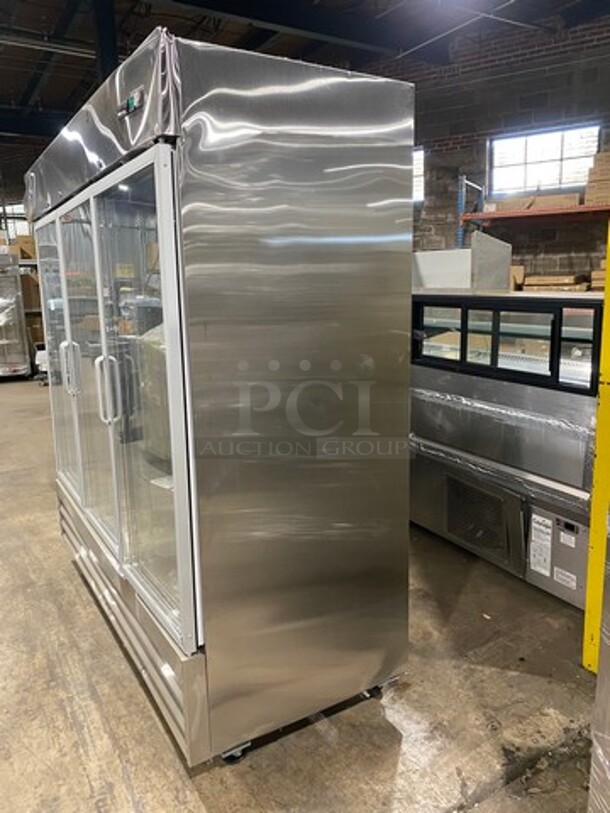 NEW LATE MODEL! Scratch- N- Dent Omcan Commercial 3 Door Reach In Cooler Merchandiser! With View Through Doors! Stainless Steel Body! Model: CFD3RRGHC 115V 1 Phase! On Casters! - Image 4 of 10