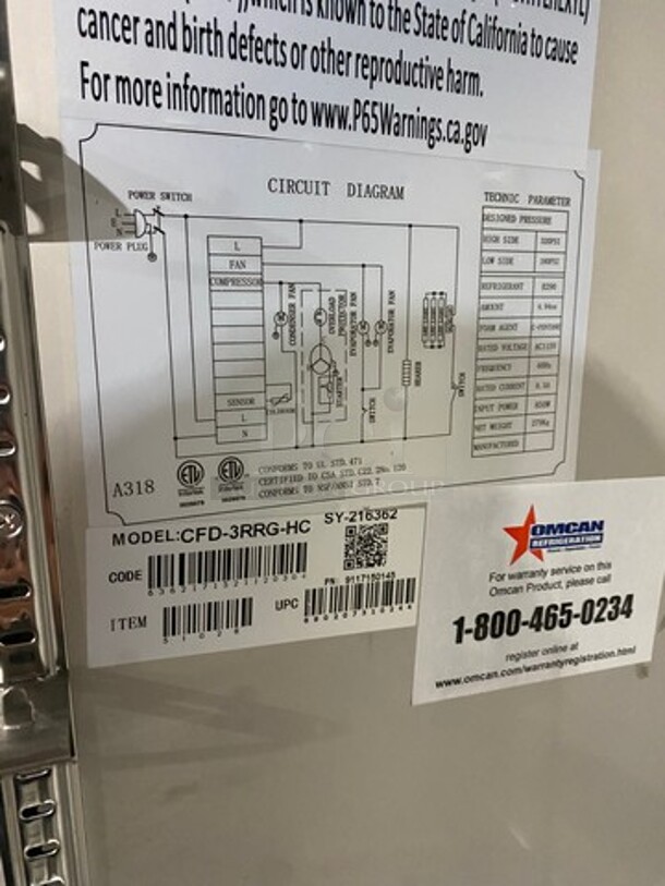 NEW LATE MODEL! Scratch- N- Dent Omcan Commercial 3 Door Reach In Cooler Merchandiser! With View Through Doors! Stainless Steel Body! Model: CFD3RRGHC 115V 1 Phase! On Casters! - Image 9 of 10
