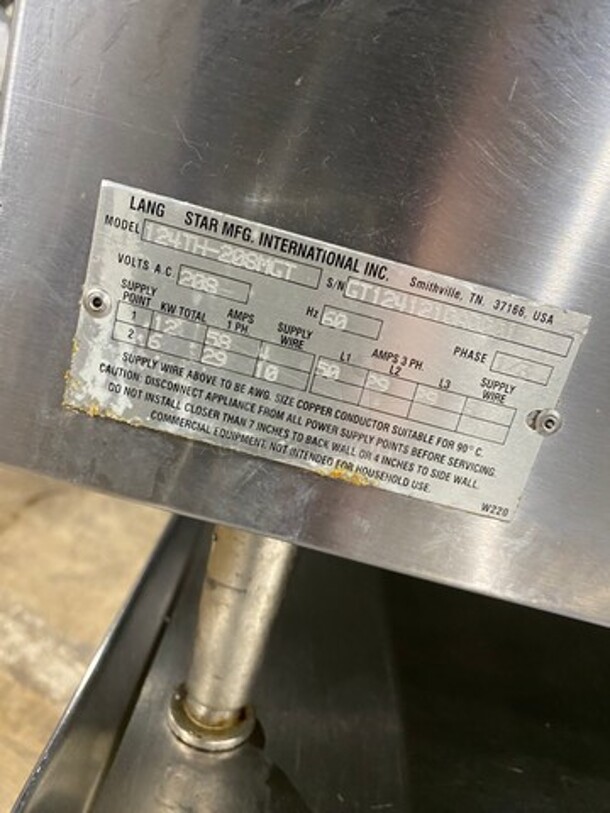 Lang Commercial Electric Powered Clamshell Hood Infrared Flat Griddle! All Stainless Steel! On Small Legs! WORKING WHEN REMOVED! Model: 124TH208MGT SN: GT1241210A0001 208V 60HZ 1/3 Phase - Image 5 of 9