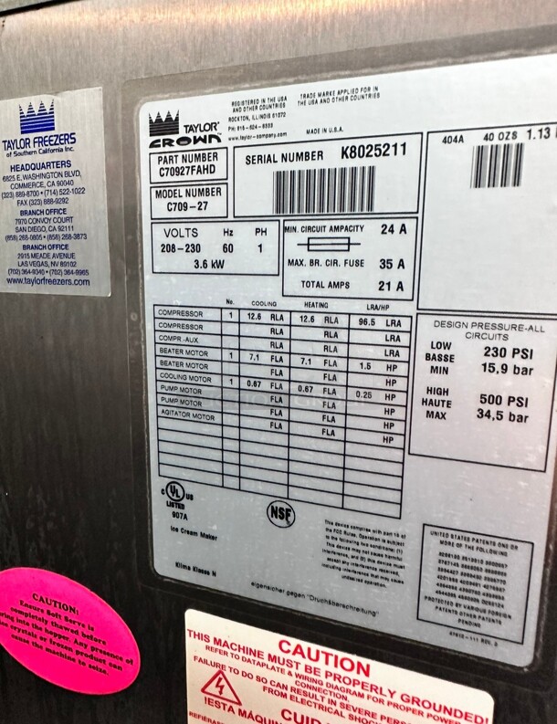 Late Model TAYLOR C709-27 1 phase air Cooled Soft Serve Frozen Yogurt  cream machine Working - Image 2 of 4