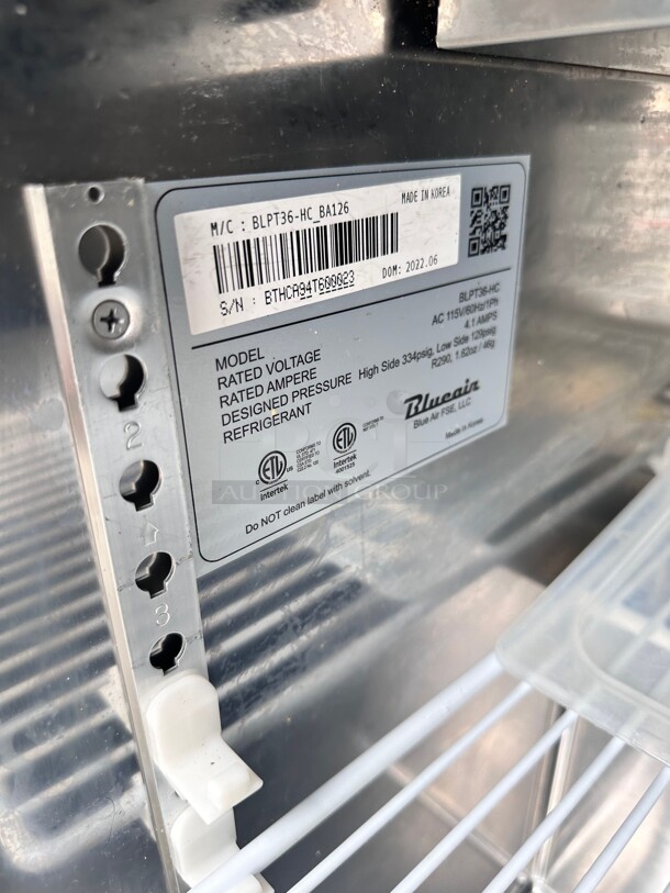 Late Model Blue Air BLPT36-HC 2 Doors All Stainless Prep. Table 36 inch Widen115 Volt Working - Image 2 of 5