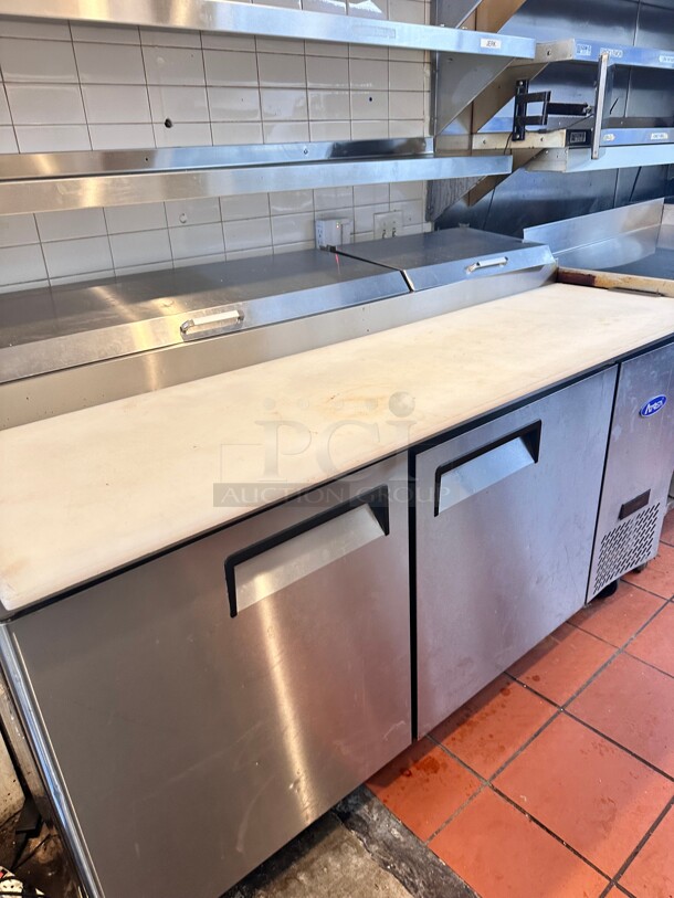 Late Model Atosa MPF8202GR 67 inch Double Section Refrigerated Pizza Prep Table 115 Volt Working - Image 3 of 8