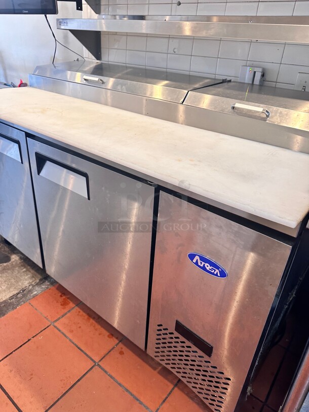 Late Model Atosa MPF8202GR 67 inch Double Section Refrigerated Pizza Prep Table 115 Volt Working - Image 5 of 8