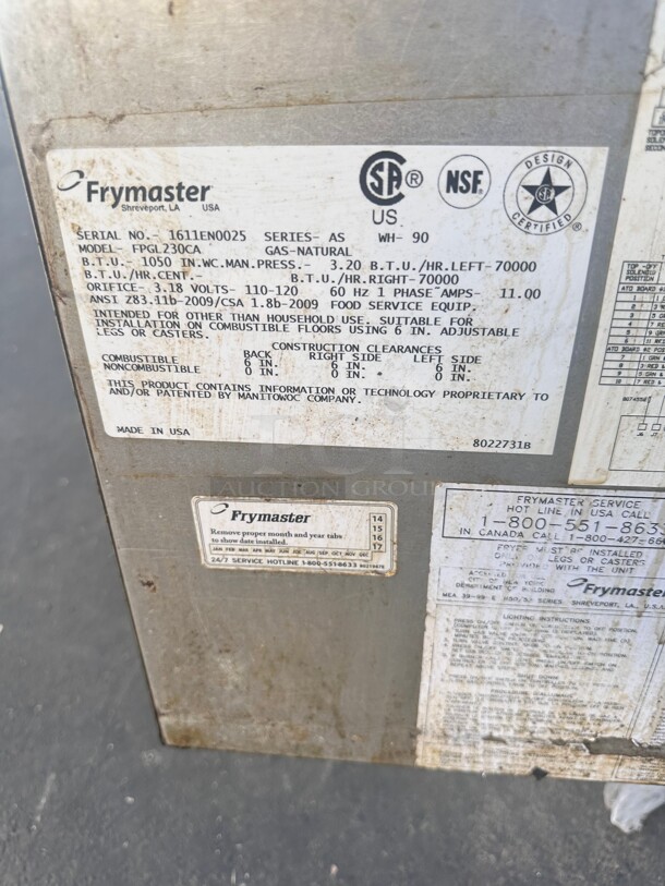 Late Model Frymaster FPGL230CA Gas Fryer - (2) 30 lb Vats, Floor Model, With Filtration System Working - Image 7 of 8