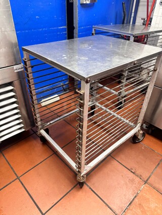 Advance Tabco  25 inch  Mixer Table w/ All Stainless Pan Slide Base, Mobile, on Wheels