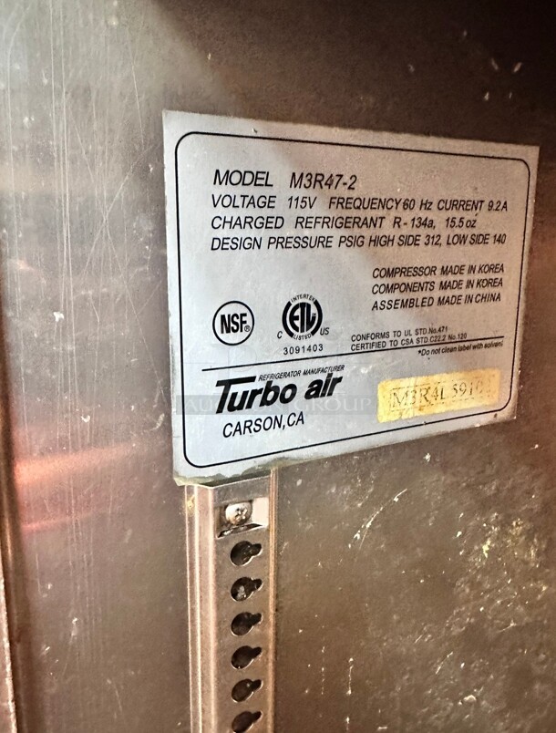 Turbo Air M3R47-2 51 inch Two Section Reach In Refrigerator, (2) Left/Right Hinge Solid Doors, 115v Working  - Image 3 of 7