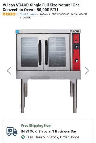 New Vulcan VC4GD Single Full Size Commercial Natural Gas Convection Oven - 50,000 BTU -First Picture Is a Stock-