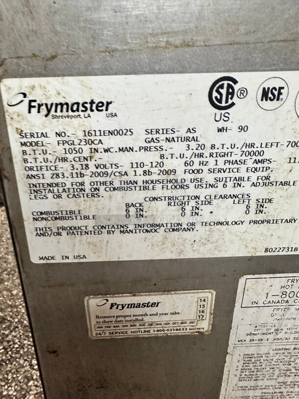 Late Model Frymaster FPGL230CA  Gas Fryer Battery w/ Built-in Filtration
(2) 30 lb capacity Working - Image 6 of 7