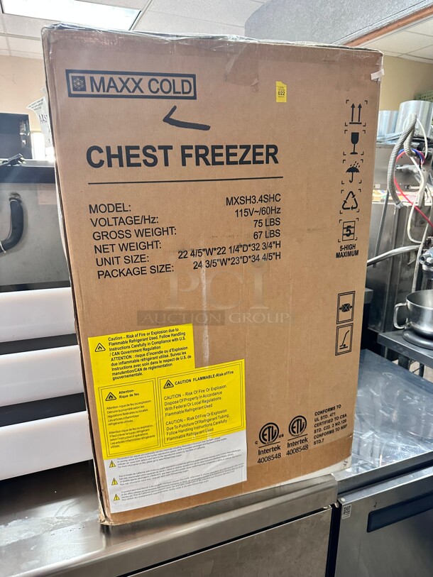 New In Sealed Box MaxxCold MXSH3.4SHC Maxx Cold Chest Freezer 3.4 Cu. Ft. 11.2°F To -1°F Temperature Range 115 Volt  - Image 2 of 7
