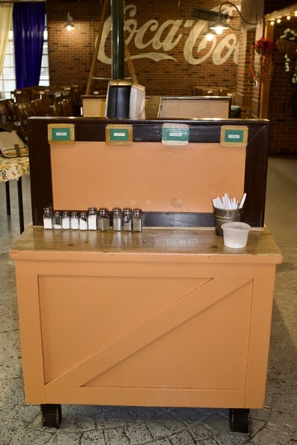 Solid Wood Condiment Stand With Undercounter Storage. Winning Bidder Must Remove. Includes Everything Pictured.  - Image 2 of 5