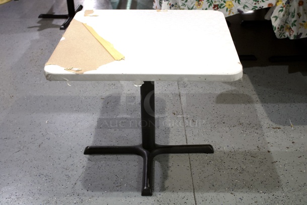 34in x 34in Restaurant Table With Standard Column Base & Flower Pattern Table Cloth.   - Image 1 of 5