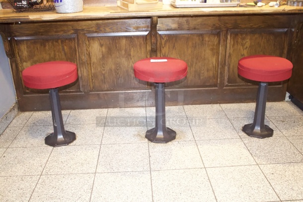 VINTAGE Set Of 3 Solid Metal Framed Barstools With Red Cushioned Seat, With Option To Bolt To Floor. 19" High 3x Your Bid - Image 2 of 2