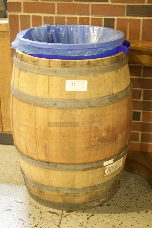 Full Size Wooden Wine Barrel With Round Trash Receptacle Inside.  - Image 1 of 3