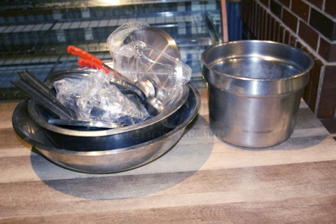 Mixing Bowls, Portion Scoopers and Drop In Hot Well. 
