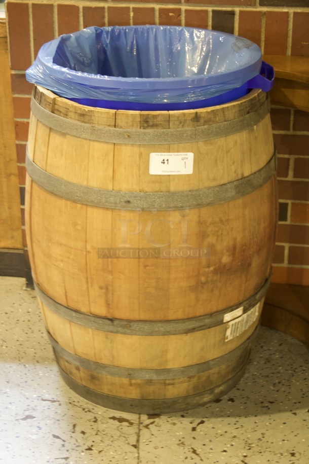 Full Size Wooden Wine Barrel With Round Trash Receptacle Inside.  - Image 2 of 3