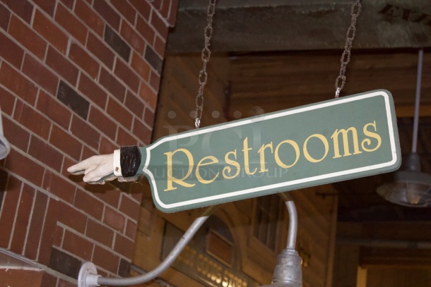 Double Sided Wooden Hanging Restrooms Sign With chain. - Image 1 of 3