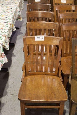 SOLID CRAFTSMANSHIP! Set Of 4 Wooden Ladder Back Chairs. 
18x13x35
some chairs are darker than others. 