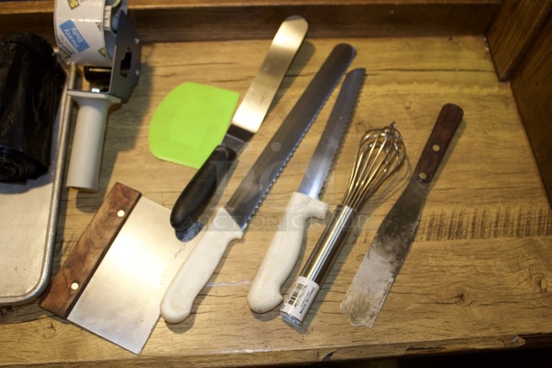 ALL-FOR-ONE: Bread Slicer Cutting Guide. Cutting Board, Sheet Pan, Knives, Grill Tools, Baking Tools, Labeler, Garbage Bags, Digital Scale, Wooden Recipe Holder, Tape Gun, Spatula, Whisk - Image 5 of 8