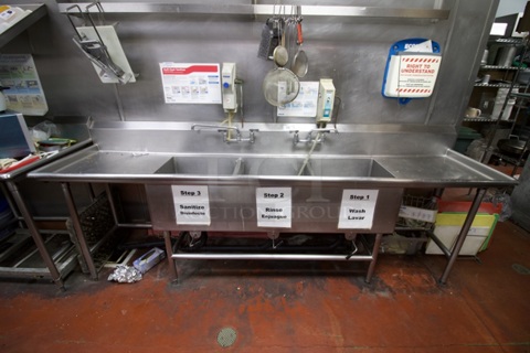 OUTSTANDING! 113" 3 Compartment Sink W/ 2 Faucets. compartments: 30x30x14
