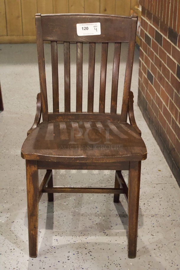 BEAUTIFUL! Set Of 4 Solid Wood Vertical Ladder Back Chairs. 18x13x35  
4x Your Bid.                      
some chairs are darker than others. - Image 2 of 3