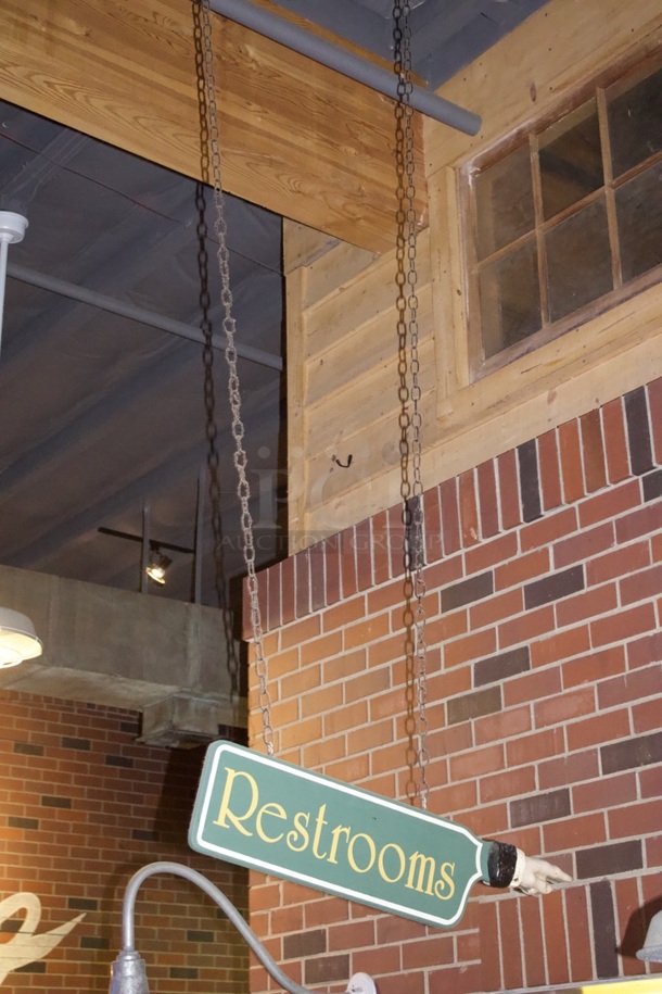 Double Sided Wooden Hanging Restrooms Sign With chain. - Image 3 of 3