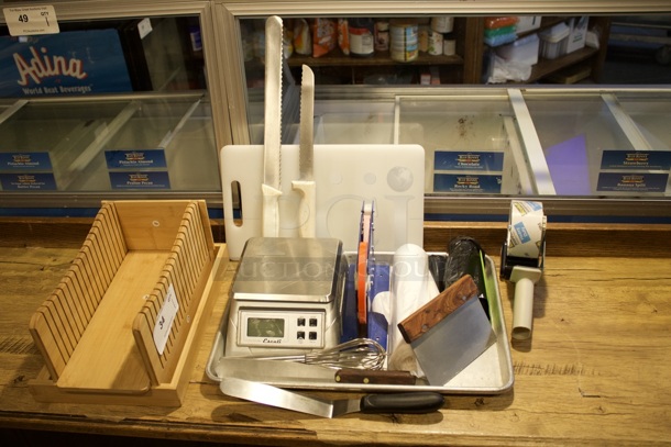 ALL-FOR-ONE: Bread Slicer Cutting Guide. Cutting Board, Sheet Pan, Knives, Grill Tools, Baking Tools, Labeler, Garbage Bags, Digital Scale, Wooden Recipe Holder, Tape Gun, Spatula, Whisk - Image 1 of 8