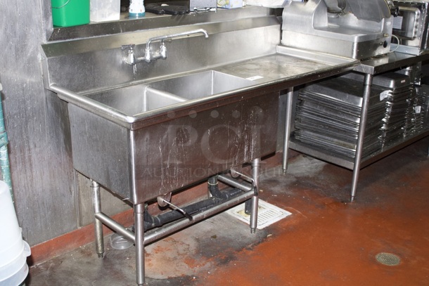 Advance Tabco FC-2-2424-18 Two Compartment Stainless Steel Commercial Sink with One Right Side Drainboard - 68 1/2" Includes Twist Handle Waste Valve Setups.  - Image 3 of 4