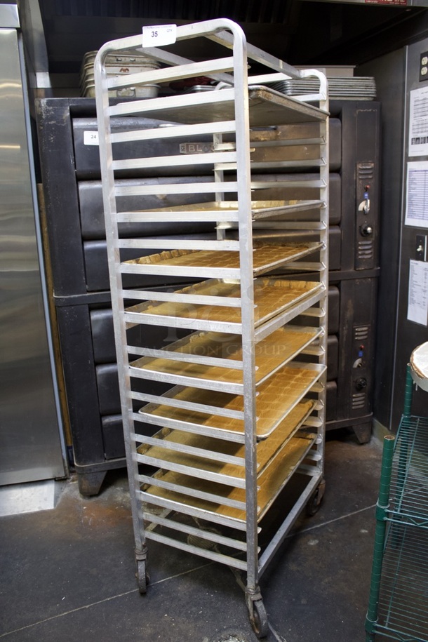 NICE! 20 Pan End Load Bun / Sheet Pan Rack On Commercial Casters - Assembled With 8 Sheet Pans.  - Image 2 of 3
