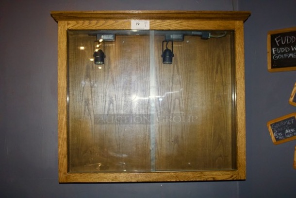 Wall Mounted Wood Display Case, Sliding Glass Doors And (2) Light Fixtures.  - Image 1 of 1