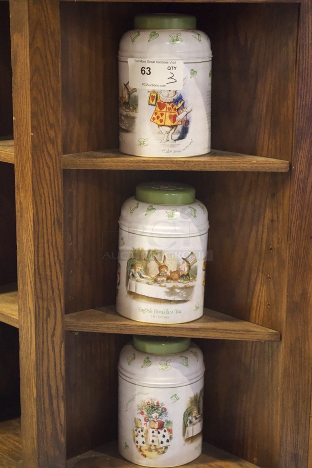 VINTAGE! Resealable Alice In Wonder Land Themed Metal Tea Containers 3x Your Bid - Image 1 of 4