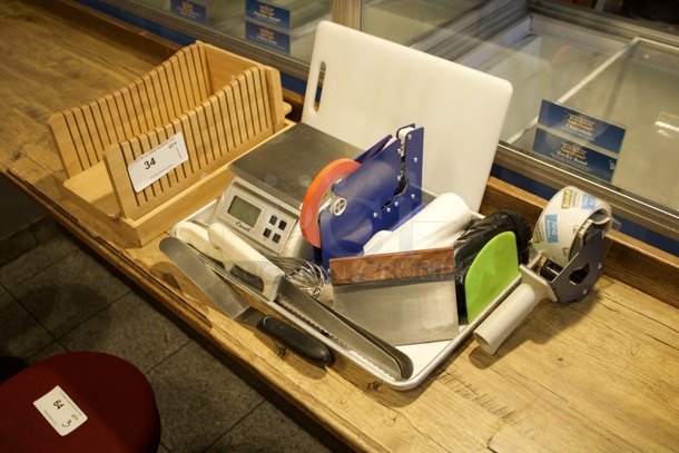 ALL-FOR-ONE: Bread Slicer Cutting Guide. Cutting Board, Sheet Pan, Knives, Grill Tools, Baking Tools, Labeler, Garbage Bags, Digital Scale, Wooden Recipe Holder, Tape Gun, Spatula, Whisk - Image 3 of 8