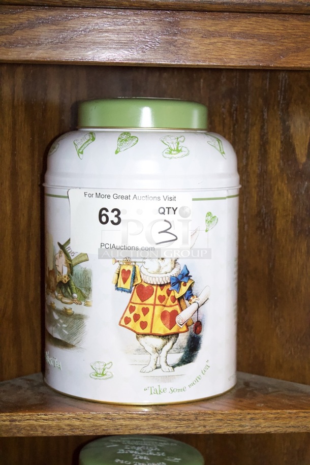 VINTAGE! Resealable Alice In Wonder Land Themed Metal Tea Containers 3x Your Bid - Image 2 of 4