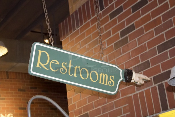 Double Sided Wooden Hanging Restrooms Sign With chain. - Image 2 of 3