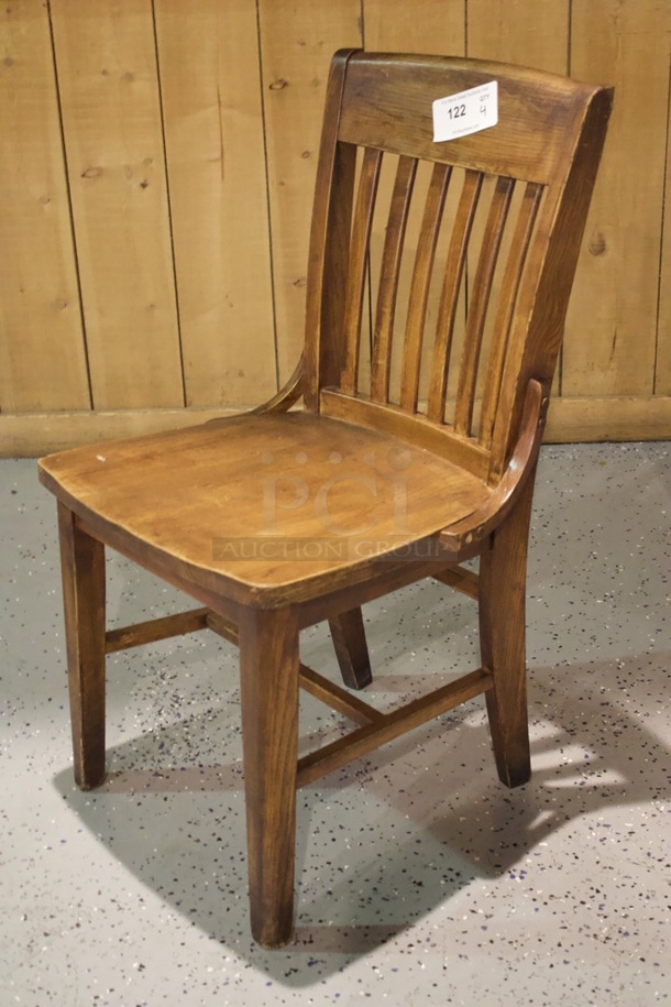BEAUTIFUL! Set Of 4 Solid Wood Vertical Ladder Back Chairs. 18x13x35  
4x Your Bid.                      
some chairs are darker than others. - Image 4 of 5