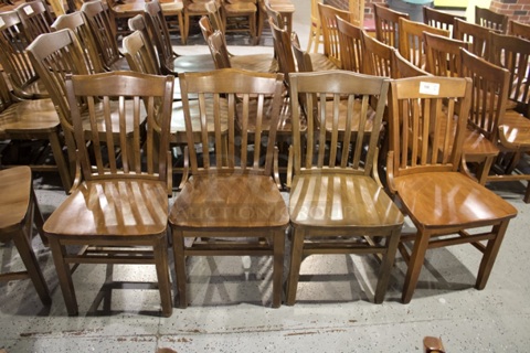 SOLID CRAFTSMANSHIP! Set Of 4 Wooden Ladder Back Chairs. 
18x13x35
some chairs are darker than others. 