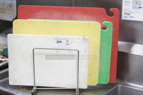 (4) Cutting Boards And (1) Holder. 5x Your Bid