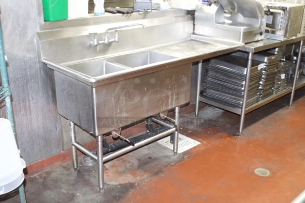 Advance Tabco FC-2-2424-18 Two Compartment Stainless Steel Commercial Sink with One Right Side Drainboard - 68 1/2" Includes Twist Handle Waste Valve Setups.  - Image 2 of 4