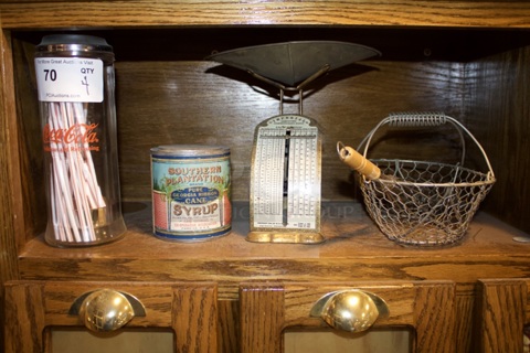 CLASSIC AMERICANA! Glass Coca-Cola Straw Holder, Cane Sugar Can, Kitchen Scale, Steel Wire Basket With Wood Handled Whisk. 4x Your Bid