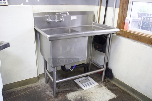 COMPLETE! Advance Tabco 94-61-18-18R One Compartment Sink with Right Drainboard. Includes: Twist Handle Waste Valve and Bowl: 18 wide x 24" front to back x 14" high. Drainboard: 18" With Adjustable Bullet Feet  - Image 3 of 5