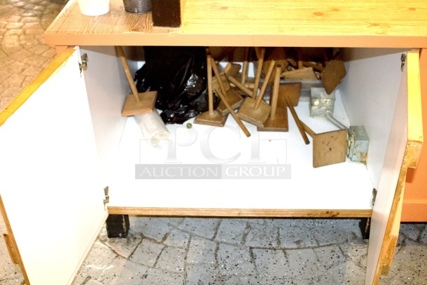 Solid Wood Condiment Stand With Undercounter Storage. Winning Bidder Must Remove. Includes Everything Pictured.  - Image 5 of 5
