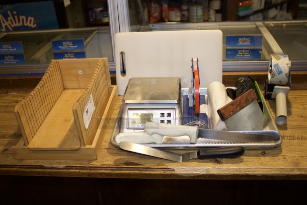 ALL-FOR-ONE: Bread Slicer Cutting Guide. Cutting Board, Sheet Pan, Knives, Grill Tools, Baking Tools, Labeler, Garbage Bags, Digital Scale, Wooden Recipe Holder, Tape Gun, Spatula, Whisk - Image 4 of 8