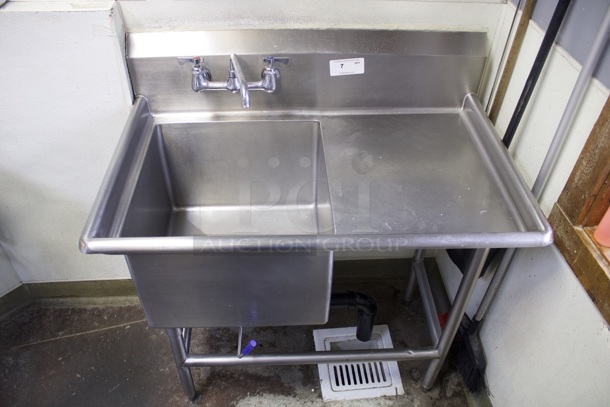 COMPLETE! Advance Tabco 94-61-18-18R One Compartment Sink with Right Drainboard. Includes: Twist Handle Waste Valve and Bowl: 18 wide x 24" front to back x 14" high. Drainboard: 18" With Adjustable Bullet Feet  - Image 4 of 5