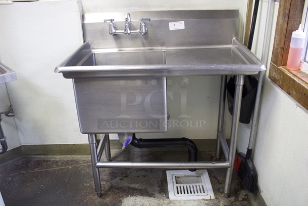 COMPLETE! Advance Tabco 94-61-18-18R One Compartment Sink with Right Drainboard. Includes: Twist Handle Waste Valve and Bowl: 18 wide x 24" front to back x 14" high. Drainboard: 18" With Adjustable Bullet Feet  - Image 2 of 5