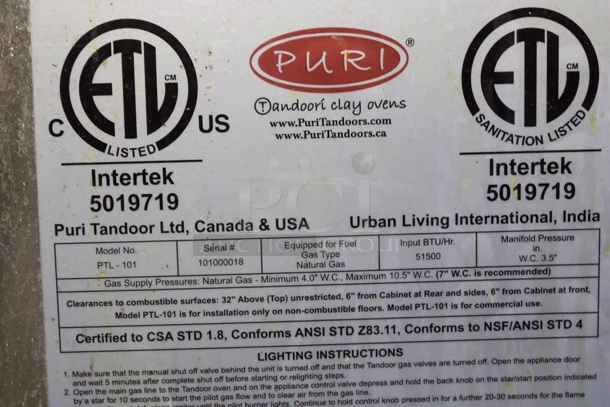 LIKE NEW! Puri Tandoori Clay Ovens PTL-101 Tandoor Oven , 51500 BTU, Double Wall Ceramic Wool Insulation, Natural Gas. Includes Skewers.   - Image 5 of 12