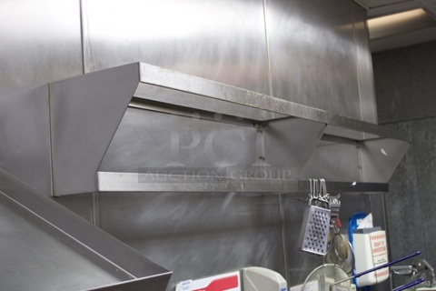 Wall Mounted Dual Level Pot / Pan Hanging Rack W/ Hooks And Misc. Smallwares. 96x12x12