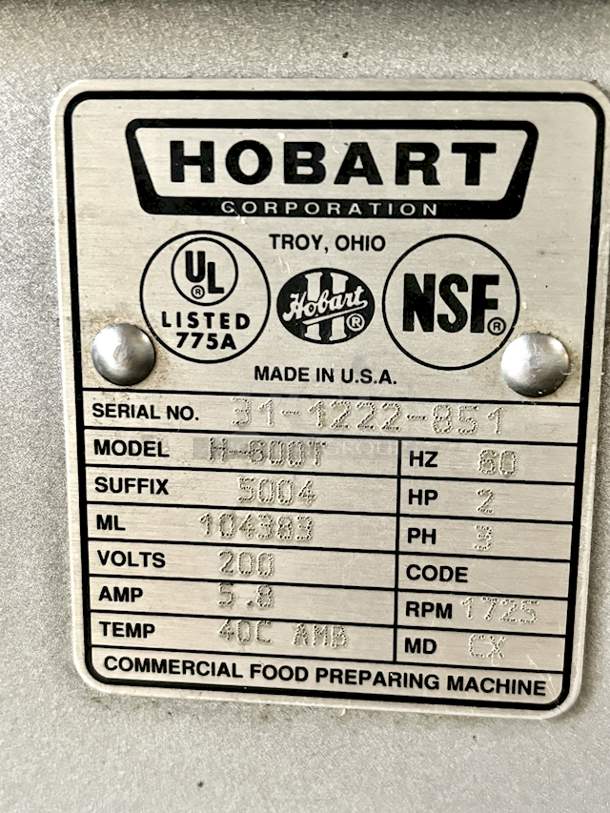 Hobart H600T 60 Qt. 4 Speed Planetary Floor Mixer. Tested. In Proper Working Order! Equipped With: Gear-Driven Transmission, 15-Min Timer, #12 Attachment Hub, Bowl Lift, Bowl Guard, Dough Whip,Bowl Caddie & 200V, 2HP, 5.8 Amp, 3PH. 
Serial Number: 31-1222-851 - Image 5 of 5