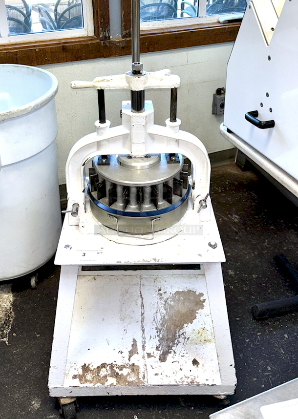 Oliver Dough Divider Deluxe, Model 623-ND, Allows for De-Gassing, Pressing and Dividing dough. Equipped With 18 Part Round Interchangeable Dividing Head & Pan On Stand With Locking Commercial Casters...Divider Can be detached and used with out stand.  - Image 2 of 6